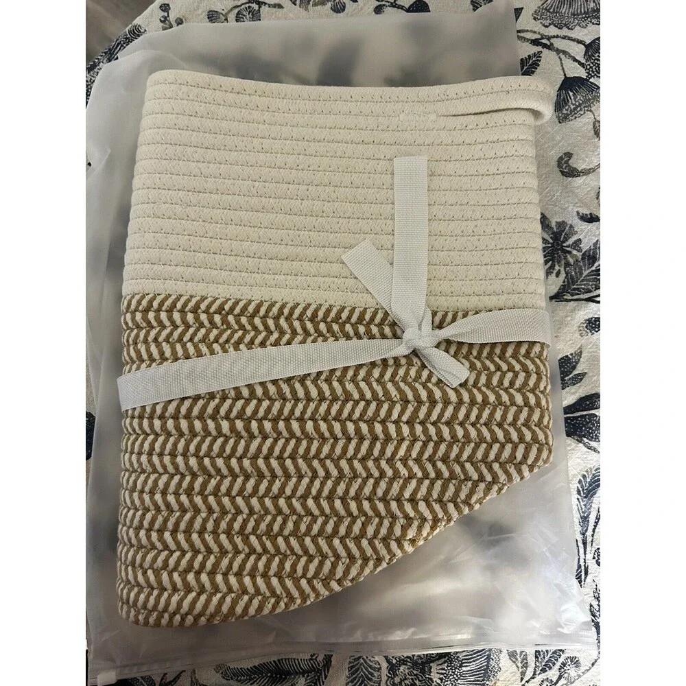 Woven Laundry Storage Basket ROKR Brand New With Handles Two Tone Tan And Cream